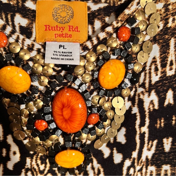 Ruby Rd. Black, Brown and White Patterned Blouse Neckline Colorful Stones - Picture 3 of 6